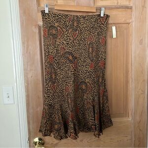 Harold's Black & Tan Leopard Paisley Print Silk Mid Length Trumpet Skirt Size 10